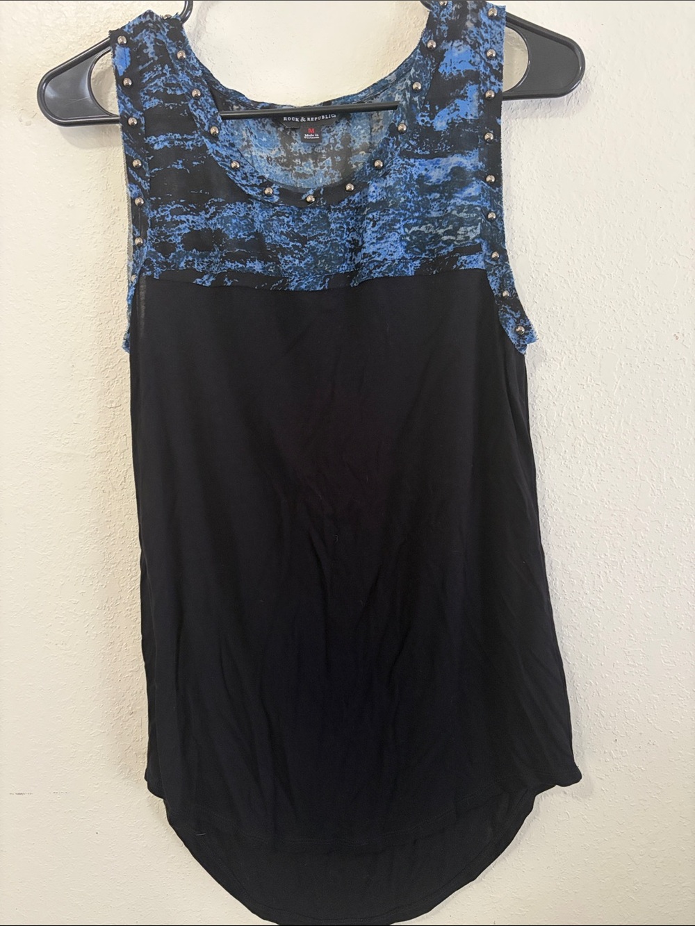 Rock & Republic Black Tank with Blue Patterned Yoke and Stud Details